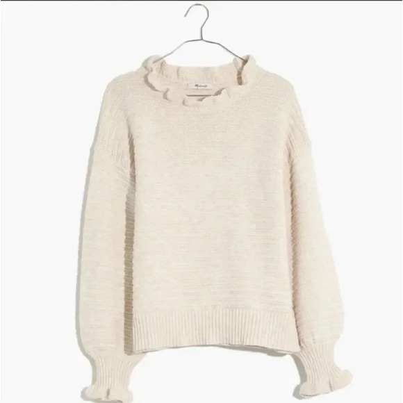 MADEWELL Sz S Cream Ruffle-Neck Pullover Sweater Cotton/Merino Wool Girly - Picture 1 of 12